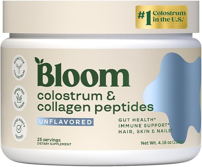 Bloom Nutrition Bovine Colostrum Powder with Vitamin B12 & Probiotics – Gut, Immune, Hair & Skin Support – Grass-Fed Collagen – Unflavored, Non-GMO, Gluten-Free – 25 Servings
