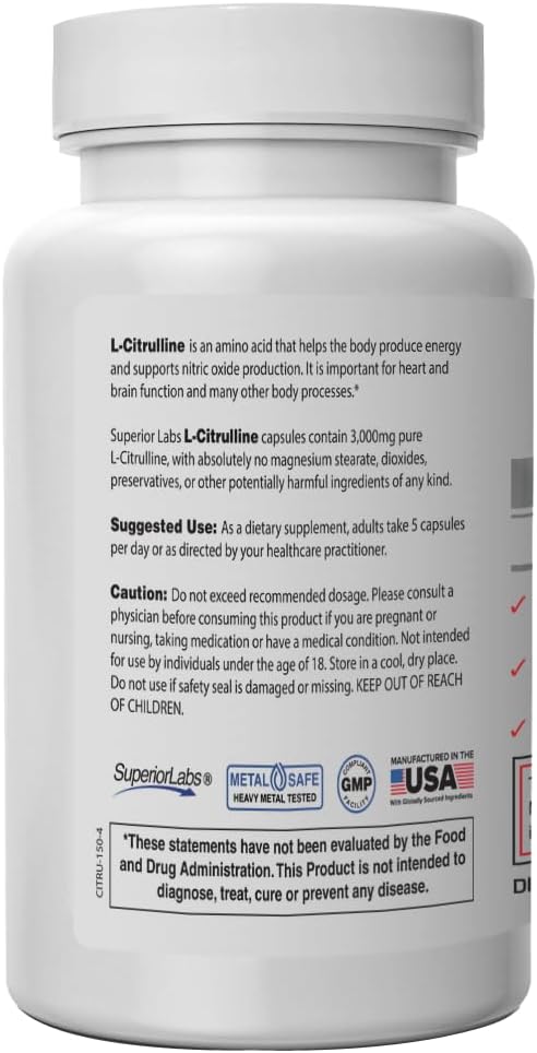 Superior Labs L-Citrulline – 3000 mg, Non-GMO, High-Potency Amino Acid, Nitric Oxide Booster, 150 Veg Capsules