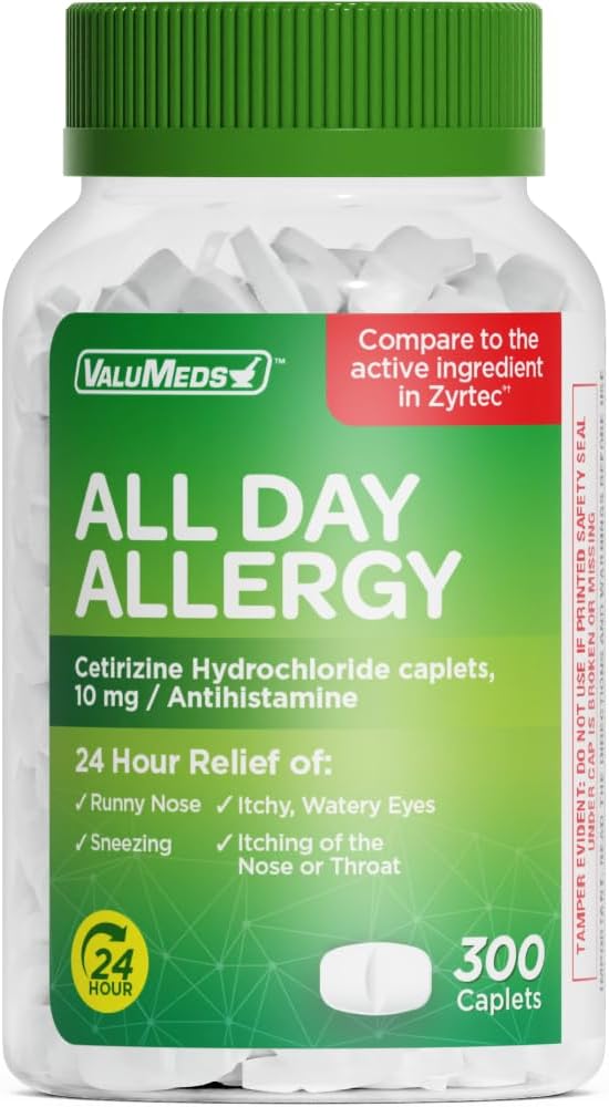 ValuMeds 24-Hour Allergy Relief Caplets, 500 Count – Non-Drowsy Cetirizine HCl 10mg Antihistamine for Pollen, Hay Fever, Sneezing, Itchy Eyes