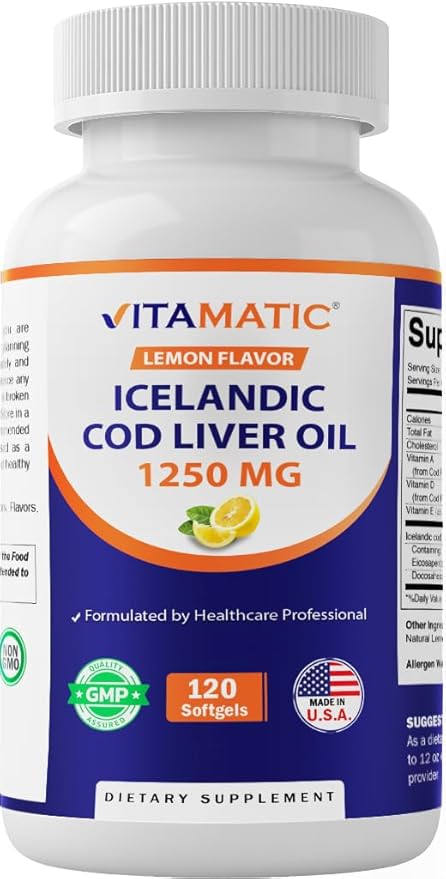 Vitamatic Icelandic Cod Liver Oil 1250mg – Lemon Flavor – Omega-3 EPA & DHA for Heart, Brain, Joint & Immune Support – Non-GMO, Gluten-Free – 120 Softgels