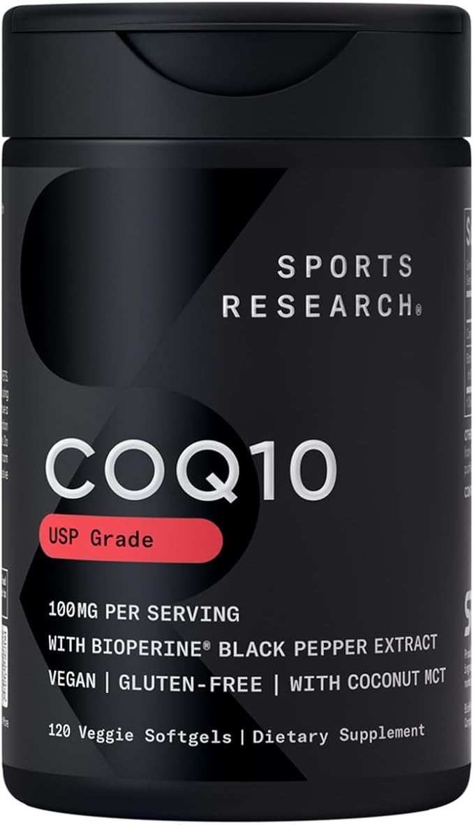 Sports Research CoQ10 100mg with Coconut Oil & BioPerine – Enhanced Absorption, Heart & Energy Support – Vegan, Non-GMO, Gluten-Free – 120 Softgels