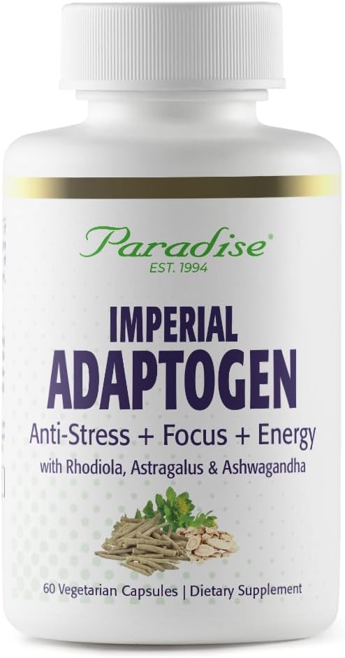 Paradise Herbs Imperial Adaptogens – Ashwagandha, Rhodiola, Astragalus & Ginseng – Stress, Focus & Energy Support – Non-GMO, Vegetarian – 60 Capsules
