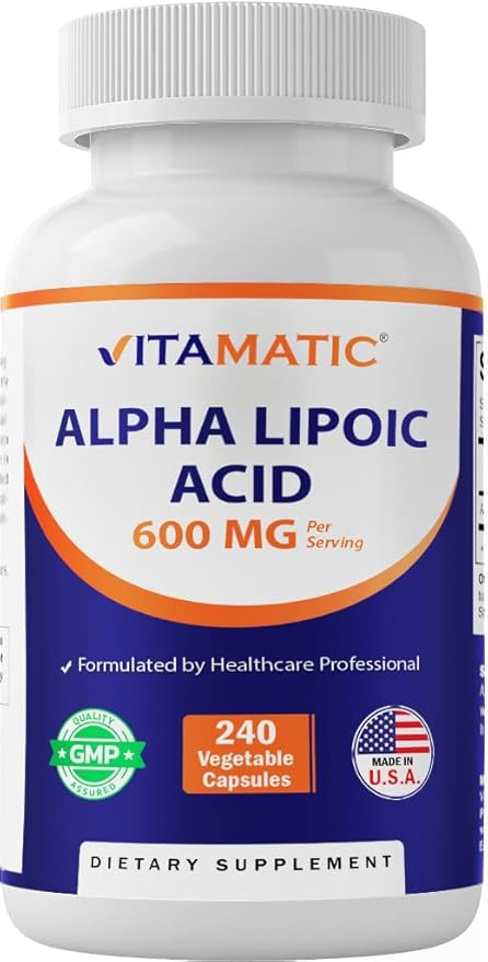 Vitamatic Alpha Lipoic Acid 600mg – Antioxidant for Nerve, Energy & Skin Health – Non-GMO, Gluten-Free, Vegetable Capsules – 240 Count (Value Size)