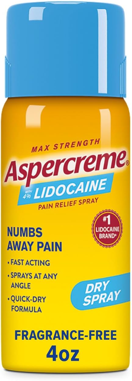 Aspercreme Lidocaine Dry Spray – 4% Maximum Strength Topical Pain Relief, Numbs Nerve Pain Fast, Fragrance-Free, 4 oz