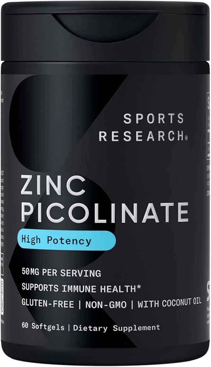 Sports Research Zinc Picolinate 50mg – Highly Absorbable Immune Support with Coconut Oil – 60 Softgels