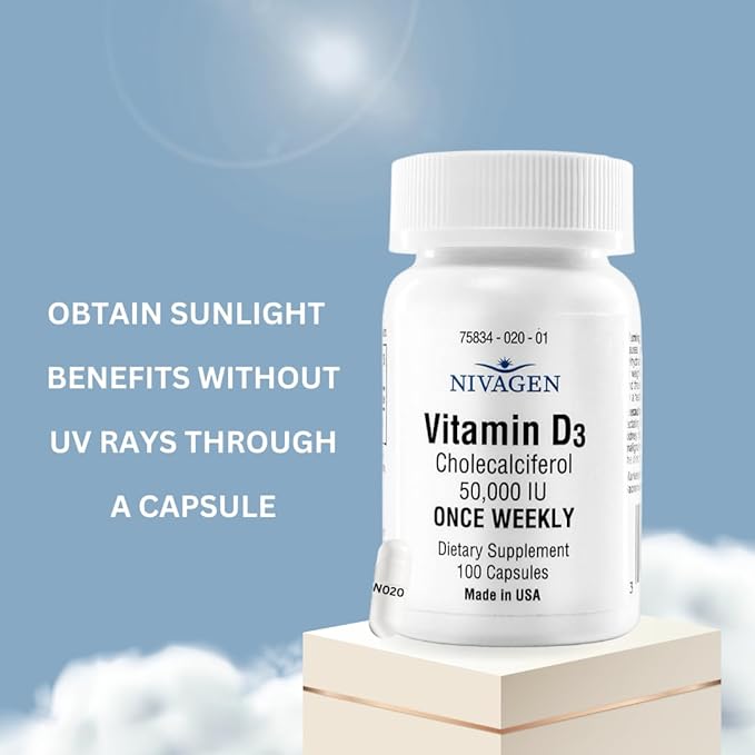 Vitamin D3 50,000 IU – High Potency, Once Weekly Bone, Immune & Teeth Support – 100 Capsules – Made in USA