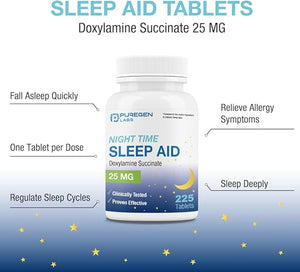Puregen Labs Sleep Aid – Doxylamine 25mg – 225 Tablets – Non-Habit Forming, Nighttime Support, Made in USA