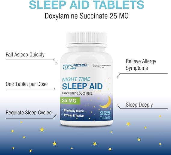 Puregen Labs Sleep Aid – Doxylamine 25mg – 225 Tablets – Non-Habit Forming, Nighttime Support, Made in USA