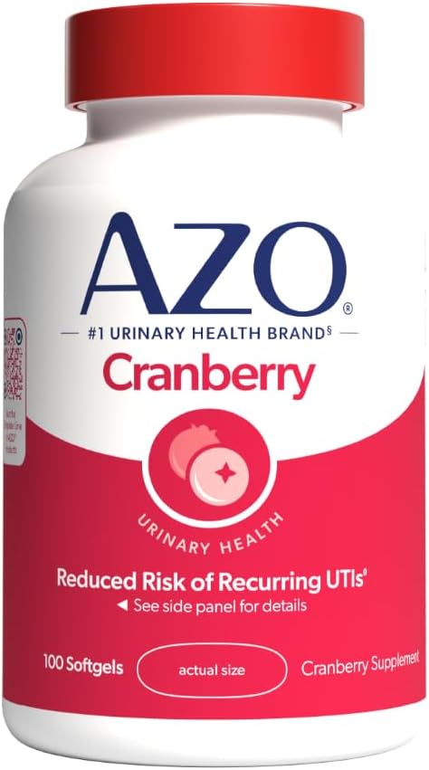 AZO Cranberry Urinary Tract Health Supplement – 100 Softgels – Sugar-Free, Non-GMO Cranberry Pills with Pacran® Whole Fruit Extract – 50-Day Supply