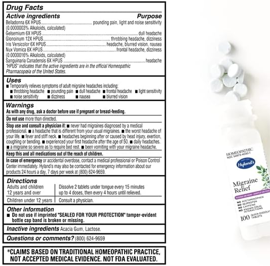 Hyland's Migraine Relief Tablets – 100 Count – Natural, Non-Drowsy, Homeopathic Headache Support – Fast Dissolving
