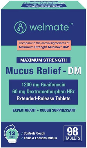 WELMATE Mucus Relief DM, 98 Tablets – 12-Hour Cough Suppressant & Expectorant with Guaifenesin & Dextromethorphan