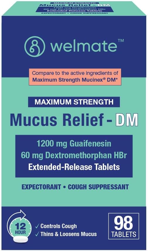 WELMATE Mucus Relief DM, 98 Tablets – 12-Hour Cough Suppressant & Expectorant with Guaifenesin & Dextromethorphan