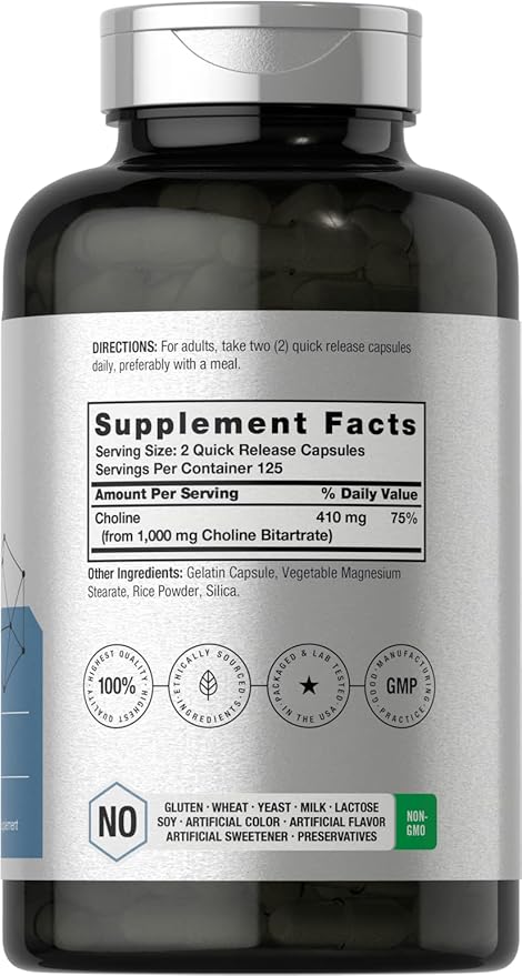 Horbaach Choline Bitartrate 1000mg – High Potency Brain & Liver Support – 250 Capsules