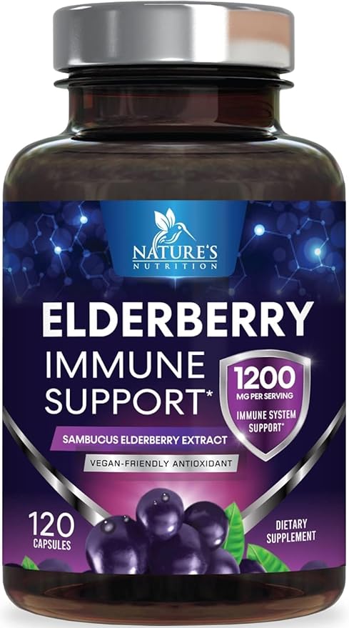 Elderberry Immune Support Capsules – 1200mg Sambucus Black Elderberry Extract – Daily Antioxidant & Immune Supplement – Non-GMO, Gluten-Free – 120 Capsules