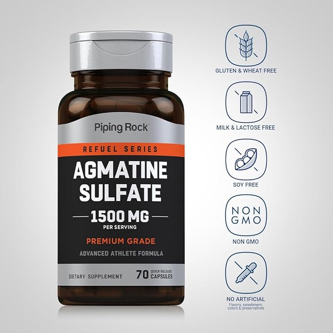 Piping Rock Agmatine Sulfate Capsules – 1500mg, 70 Count, Premium Grade, Non-GMO, Gluten-Free