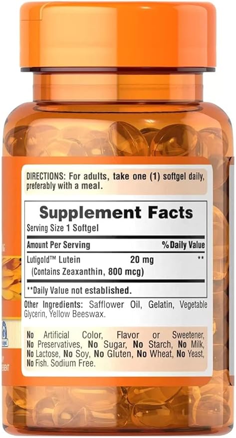 Puritan's Pride Lutigold Lutein 20mg with Zeaxanthin – Eye & Skin Health Support – Non-GMO, Gluten-Free – 120 Softgels