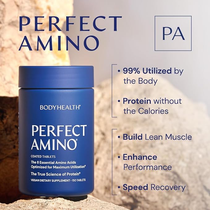 BodyHealth PerfectAmino – Essential Amino Acids Supplement with BCAAs, 150 Easy-to-Swallow Tablets, Vegan Protein for Muscle Recovery