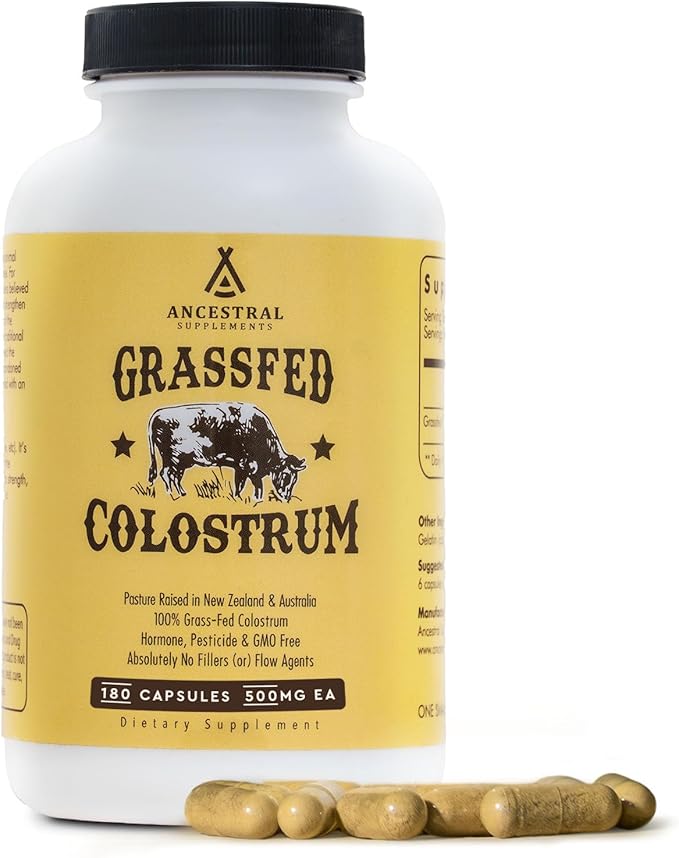Ancestral Supplements Grass-Fed Beef Colostrum – 3000mg First-Milking Immune & Gut Support – Non-GMO, Hormone-Free – 180 Capsules