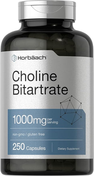 Horbaach Choline Bitartrate 1000mg – High Potency Brain & Liver Support – 250 Capsules