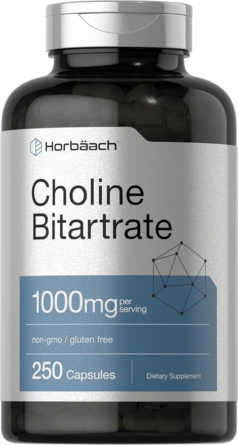 Horbaach Choline Bitartrate 1000mg – High Potency Brain & Liver Support – 250 Capsules