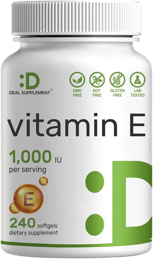 DEAL SUPPLEMENT Vitamin E 1,000 IU – Extra Strength Antioxidant, Skin, Heart, Brain & Immune Support – 240 Softgels – Non-GMO