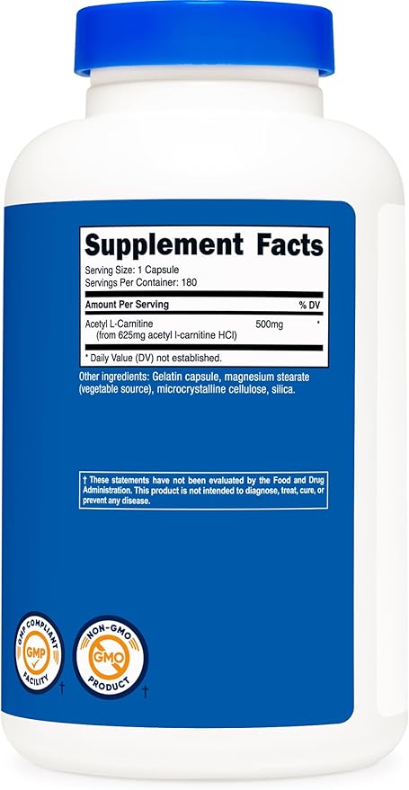 Nutricost Acetyl L-Carnitine (ALCAR) 500mg – Brain & Energy Support – Non-GMO, Gluten-Free – 180 Capsules