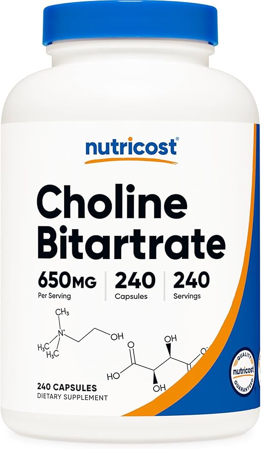 Nutricost Choline Bitartrate 650mg – High Potency Vegetarian Brain & Liver Support – 240 Capsules