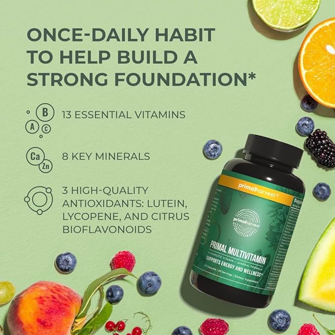 Primal Harvest Primal Multivitamin – Daily Energy, Immune & Beauty Support – 21 Vitamins & Minerals – 60 Capsules