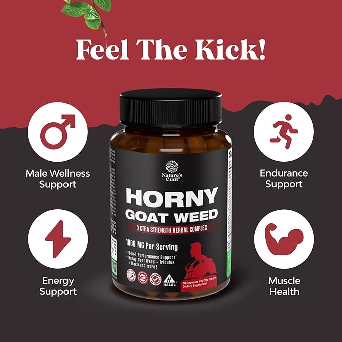 Horny Goat Weed for Men – Extra Strength Male Vitality Supplement with Black Maca, Tongkat Ali, Ginseng & Saw Palmetto – Stamina, Energy & Endurance – 60 Capsules