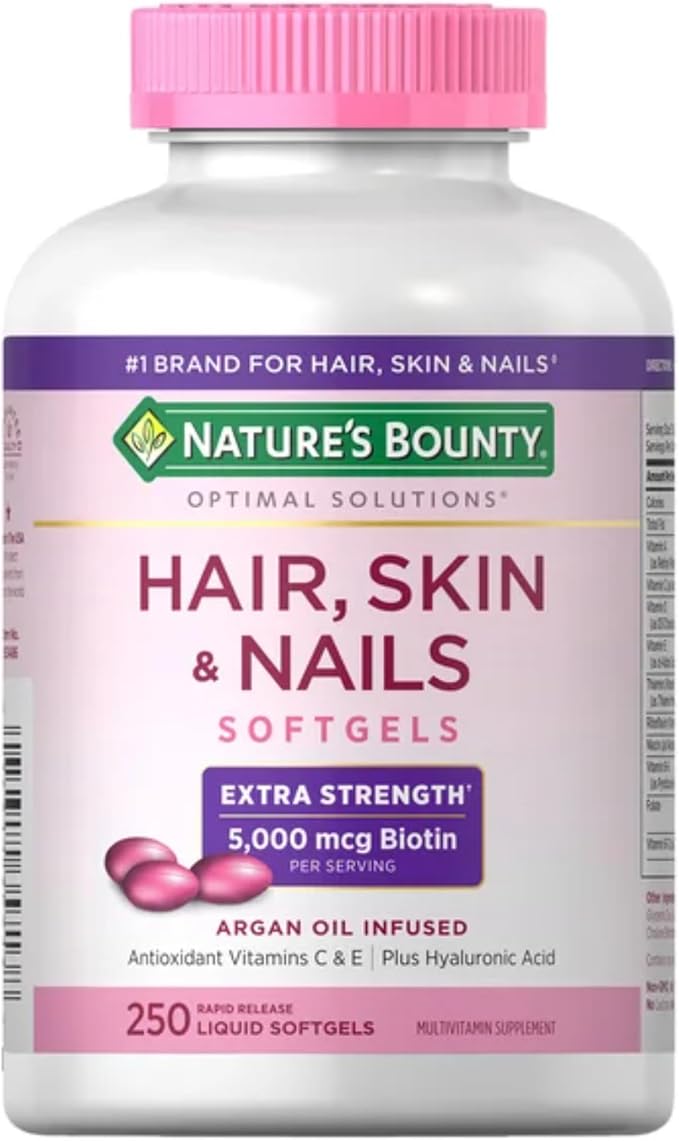 Nature’s Bounty Hair, Skin & Nails – 5000 mcg Biotin Extra Strength + Collagen, Alpha Lipoic Acid & Calcium – 250 Tablets (4-Bottle Value Pack)