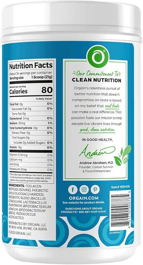 Orgain Collagen + Superfoods – 20g Grass-Fed Collagen Peptides with Vitamin C – Unflavored, Non-GMO, Gluten-Free – 25.6 oz