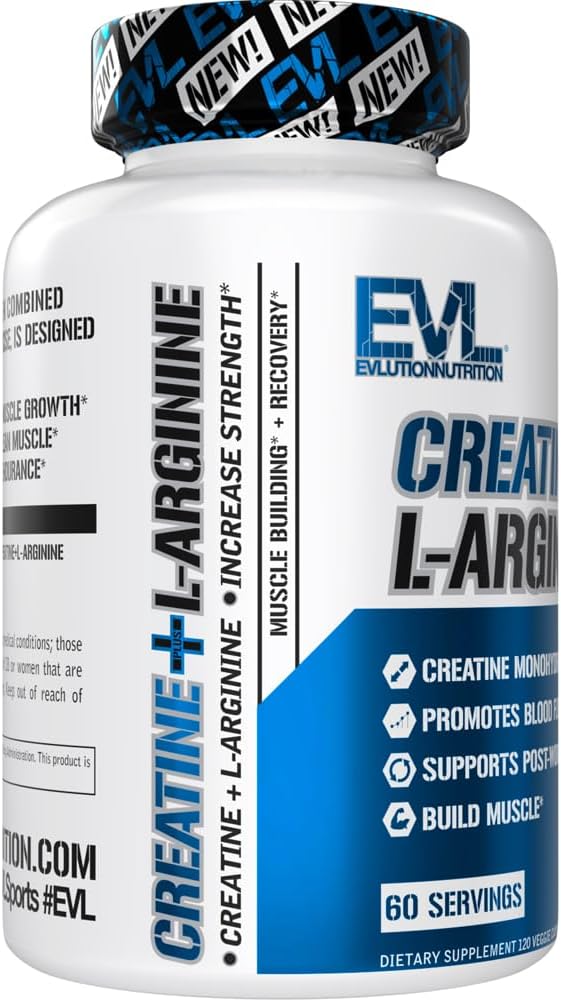 EVLution Nutrition Creatine + L-Arginine – Muscle Growth, Blood Flow & Recovery – 500mg Each – Nitric Oxide Booster – 120 Veggie Capsules – Non-GMO, Gluten-Free