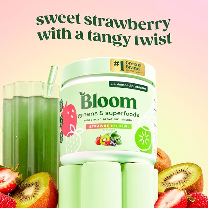 Bloom Greens & Superfoods Powder – Digestive Health, Bloating & Gut Support – Probiotics, Spirulina, Chlorella, Digestive Enzymes – Strawberry Kiwi – 30 Servings