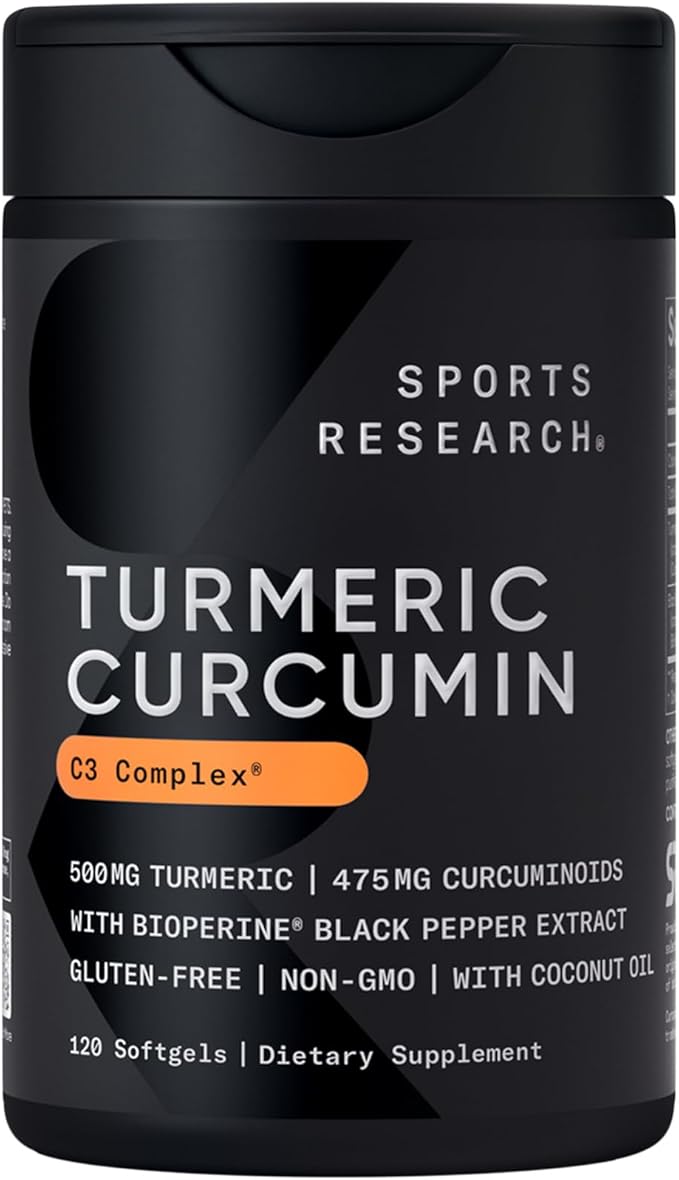 Sports Research Turmeric Curcumin C3 Complex with BioPerine & Coconut Oil – 500mg High Absorption Curcuminoids – Antioxidant & Joint Support – Non-GMO, Gluten-Free – 120 Softgels