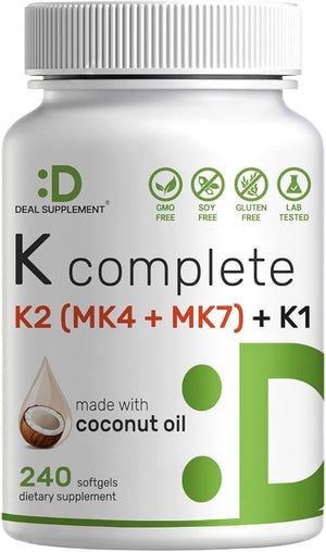 DEAL SUPPLEMENT Vitamin K Complete – K1, K2 MK-7 & MK-4 – Bone, Joint & Heart Support – 240 Coconut Oil Softgels – Non-GMO