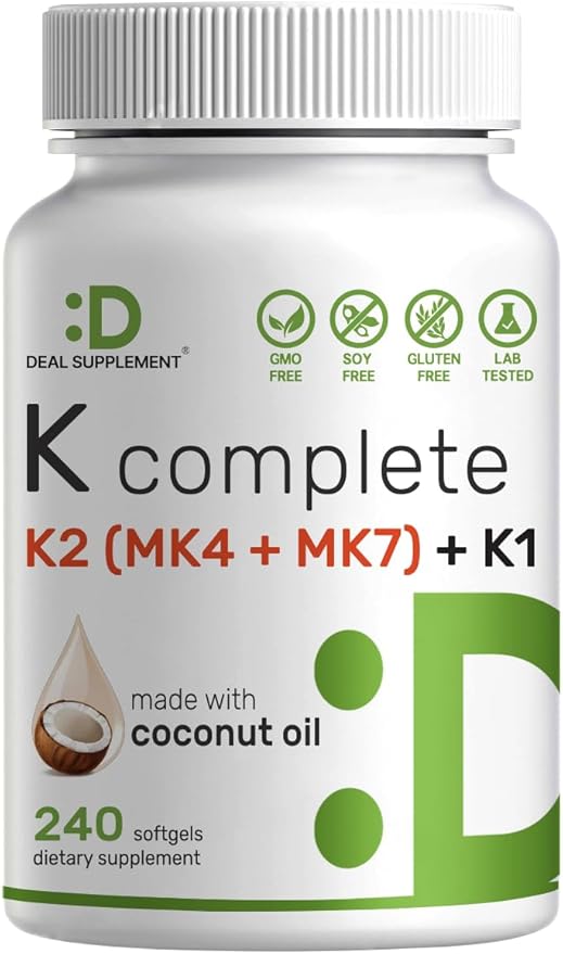 DEAL SUPPLEMENT Vitamin K Complete – K1, K2 MK-7 & MK-4 – Bone, Joint & Heart Support – 240 Coconut Oil Softgels – Non-GMO