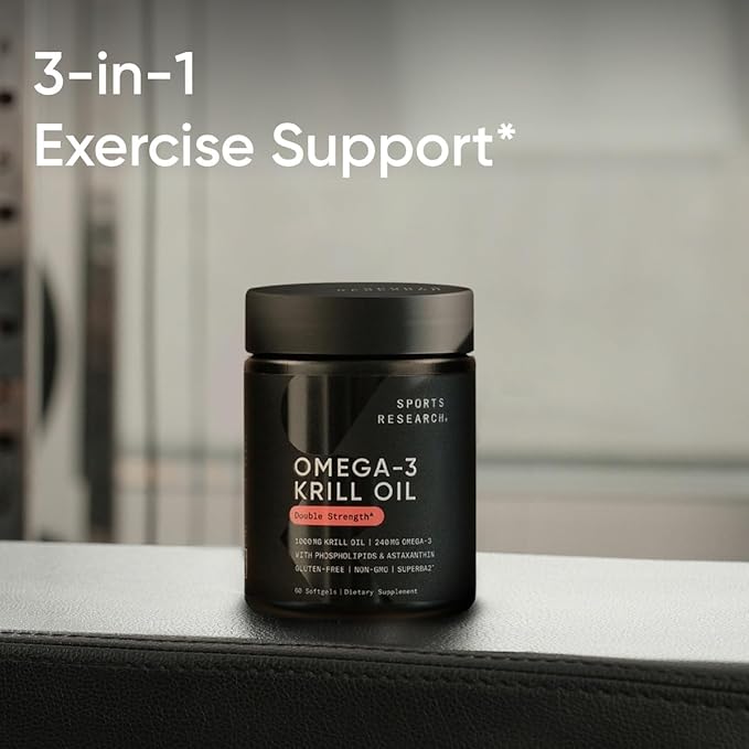 Sports Research Antarctic Krill Oil 1000mg – Omega-3, Phospholipids, Astaxanthin & Choline – Double Strength EPA/DHA – No Fishy Aftertaste – Non-GMO, Gluten-Free – 60 Softgels