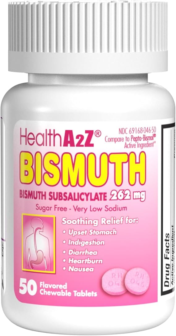 HealthA2Z Bismuth 262mg – Multi-Symptom Digestive Relief – Diarrhea, Nausea, Heartburn, Upset Stomach – Chewable Tablets
