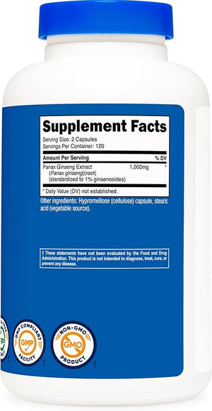 Nutricost Panax Ginseng 1000mg – Energy, Focus & Immune Support – Non-GMO, Gluten-Free, Soy-Free – 240 Capsules