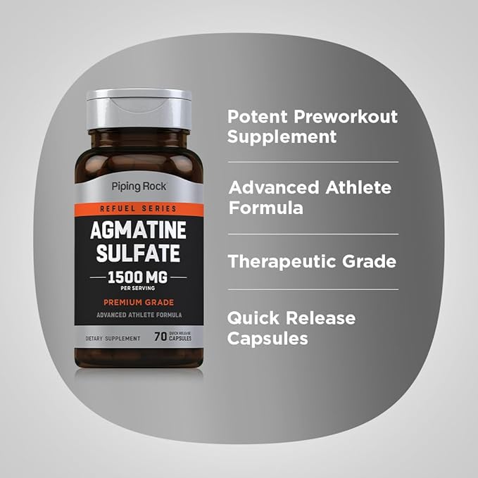 Piping Rock Agmatine Sulfate Capsules – 1500mg, 70 Count, Premium Grade, Non-GMO, Gluten-Free