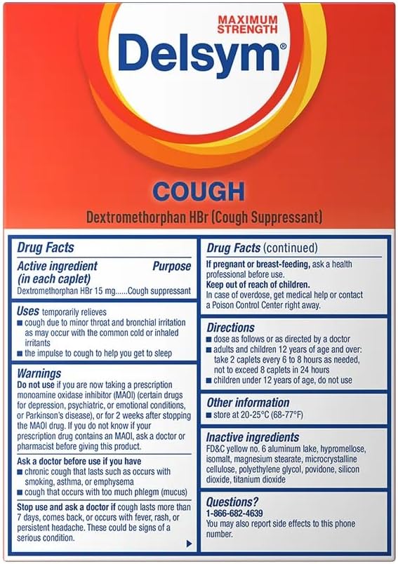 Delsym Cough Suppressant Caplets – Maximum Strength, Fast Release, 8-Hour Relief – 20 Count – Day or Night Use