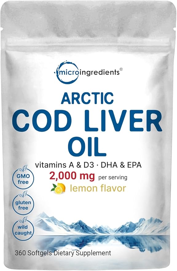 Cod Liver Oil 2000mg with Omega-3 EPA DHA, Vitamins A & D3 – Lemon Flavored Burpless Softgels – Wild Arctic Fish Oil for Heart, Brain, Immune & Joint Support – Non-GMO, Gluten-Free – 360 Capsules