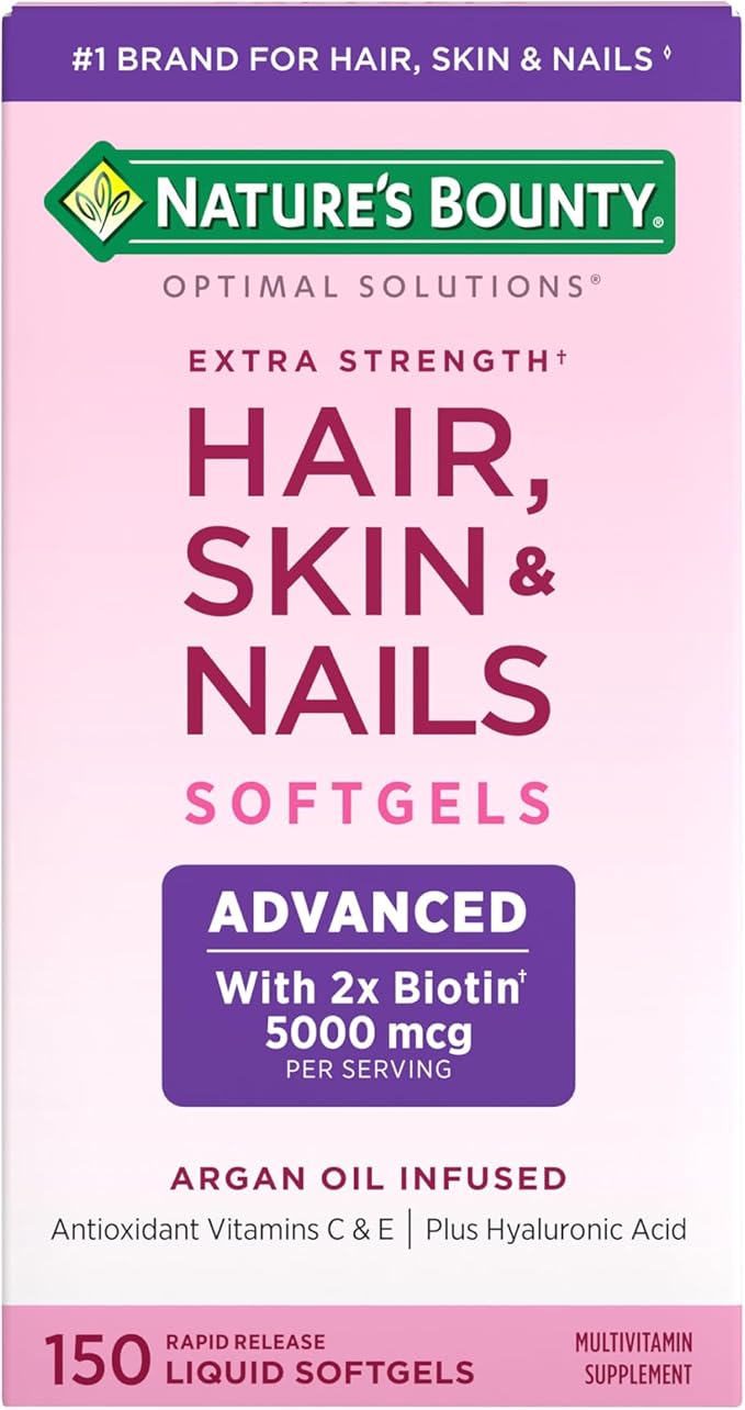 Nature’s Bounty Hair, Skin & Nails Vitamins – Argan Oil-Infused Biotin, Hyaluronic Acid, Vitamins A, C & E – 150 Softgels (50 Servings)