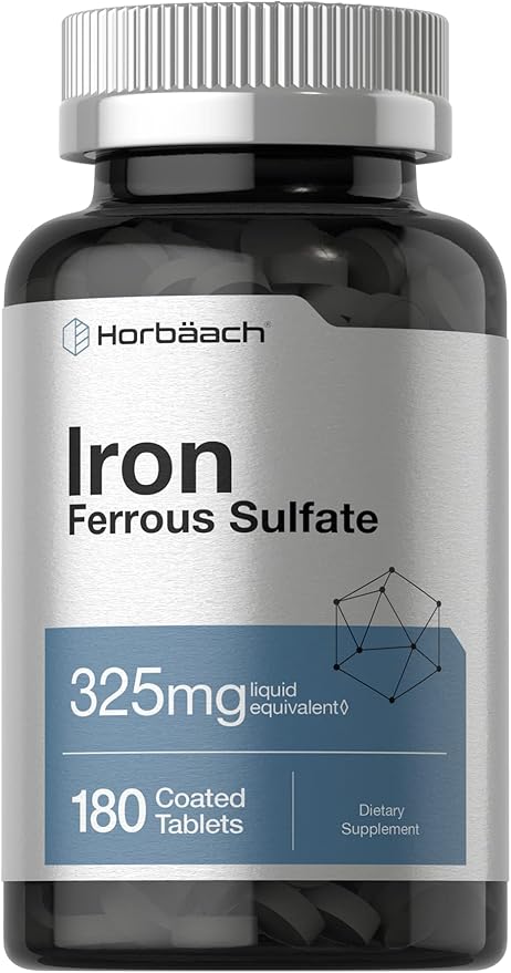 Horbäach Iron Ferrous Sulfate 325mg (65mg Iron) – Red Blood Cell & Energy Support – 180 Vegetarian Tablets