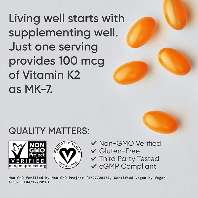 Sports Research Vitamin K2 MK7 100mcg – Bone, Heart & Calcium Support – Coconut MCT Oil – Vegan, Non-GMO – 60 Softgels