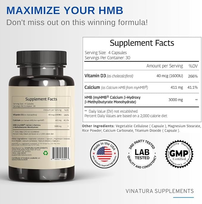VINATURA HMB 3000mg & Vitamin D3 (1600 IU) Supplement – 120 Capsules, 30 Servings, USA Made & Tested