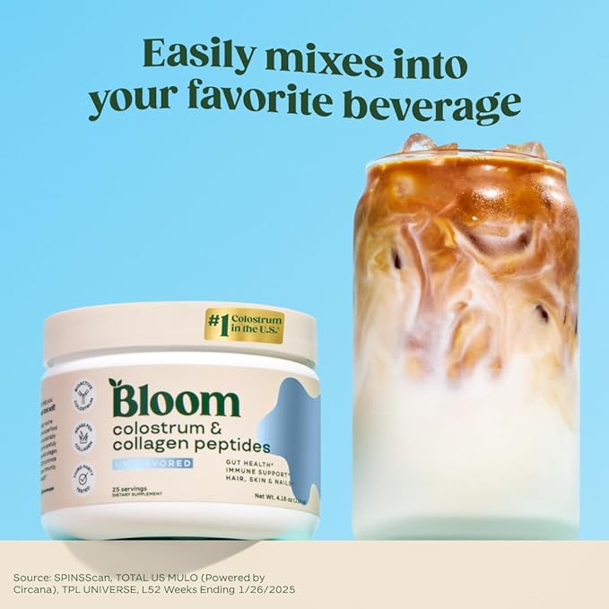 Bloom Nutrition Bovine Colostrum Powder with Vitamin B12 & Probiotics – Gut, Immune, Hair & Skin Support – Grass-Fed Collagen – Unflavored, Non-GMO, Gluten-Free – 25 Servings