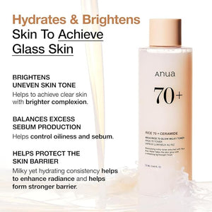 ANUA Rice 70 Glow Milky Toner – Rice Water, Niacinamide, Ceramides & Panthenol – Glass Skin, Hydrating & Brightening – Fragrance-Free, Non-Comedogenic, Fungal Acne Safe – 250ml