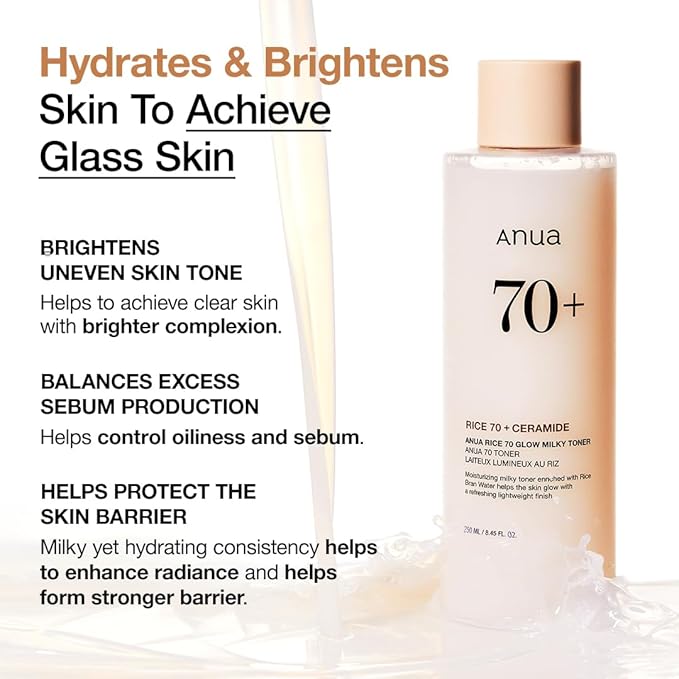 ANUA Rice 70 Glow Milky Toner – Rice Water, Niacinamide, Ceramides & Panthenol – Glass Skin, Hydrating & Brightening – Fragrance-Free, Non-Comedogenic, Fungal Acne Safe – 250ml