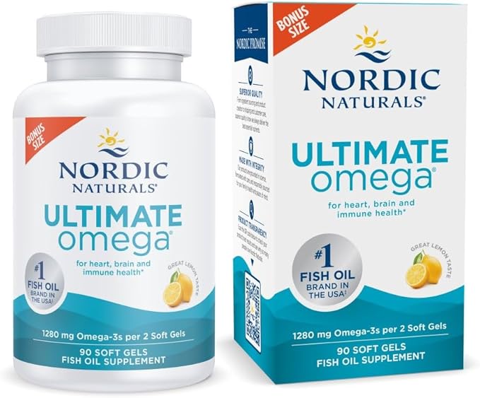 Nordic Naturals Ultimate Omega 1280mg – High-Potency EPA & DHA Fish Oil – Lemon Flavor – Brain, Heart & Eye Support – IFOS Certified, Non-GMO, Gluten-Free – 90 Softgels